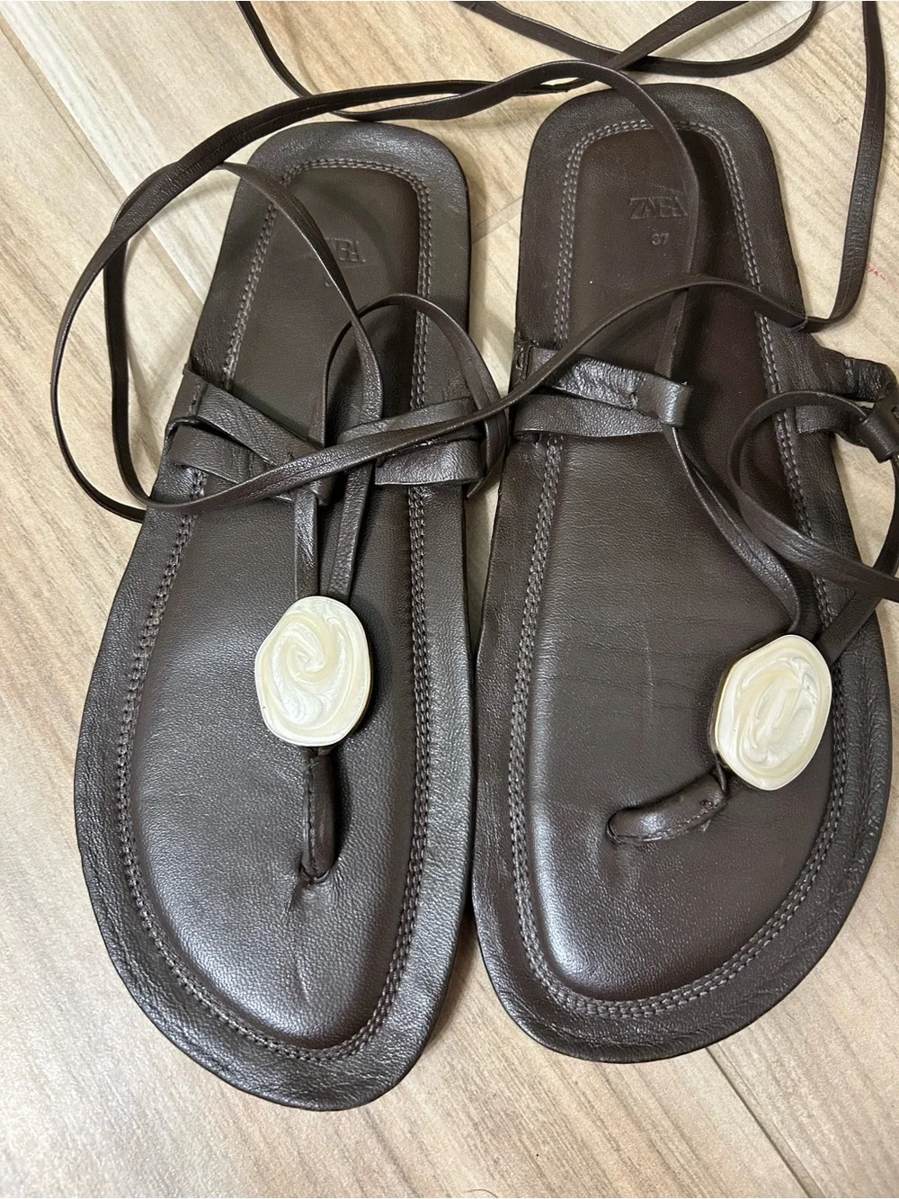 Zara Brown Leather Lace-Up Thong Sandals with Cream Swirl Accent - Picture 2 of 4